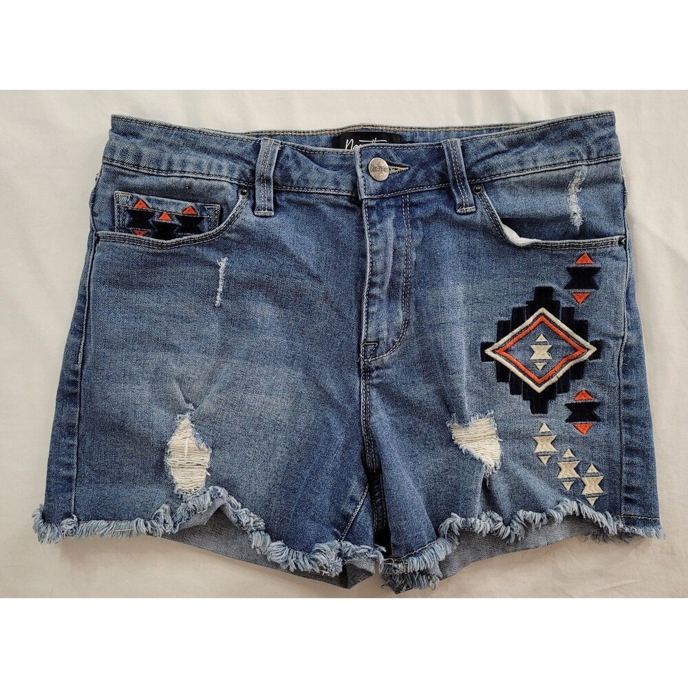 Nanette Shorts Women 6 Blue Jean Raw Hem Aztec Southwestern Mid Rise Stretch